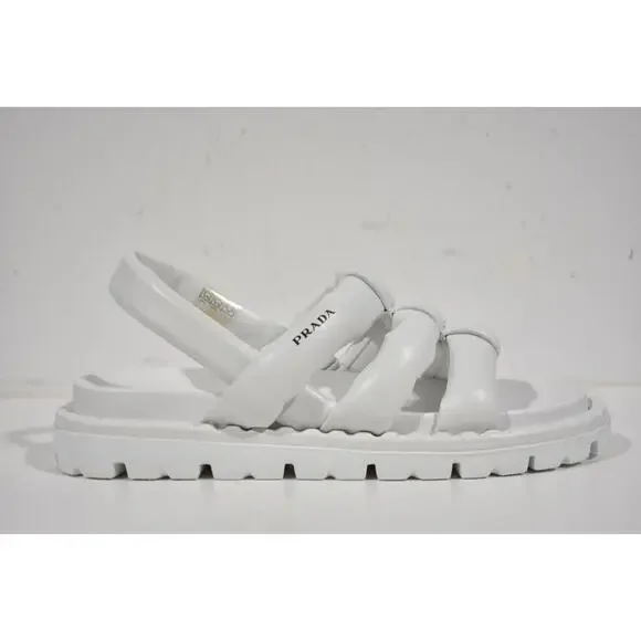 Prada Blow White Padded Leather Logo Strappy Slingback Sport Sandal Flat 40 - Picture 2 of 10